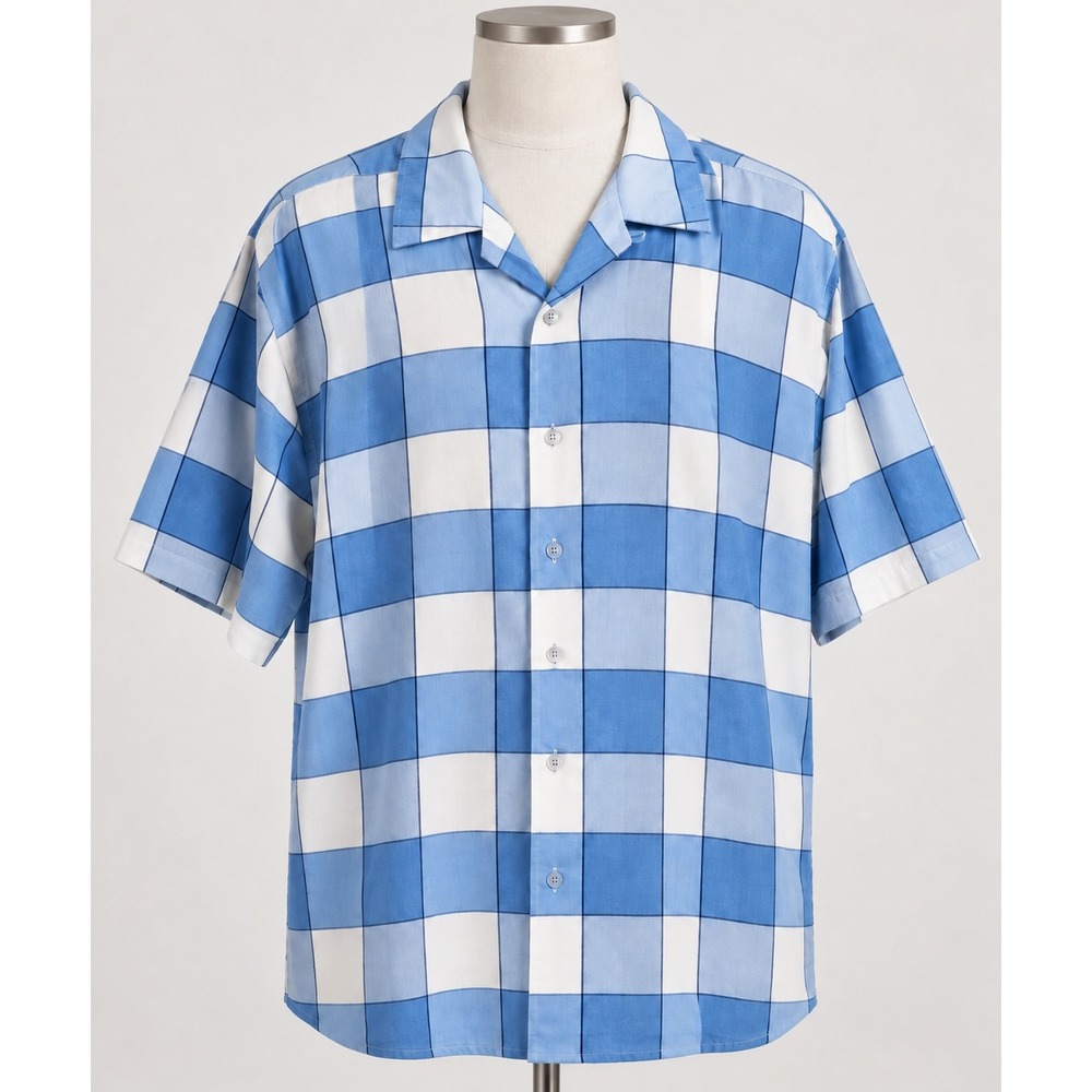 Canopy Mens Blue White Check Short Sleeve Button Down Camp Shirt Size M 15-15.5